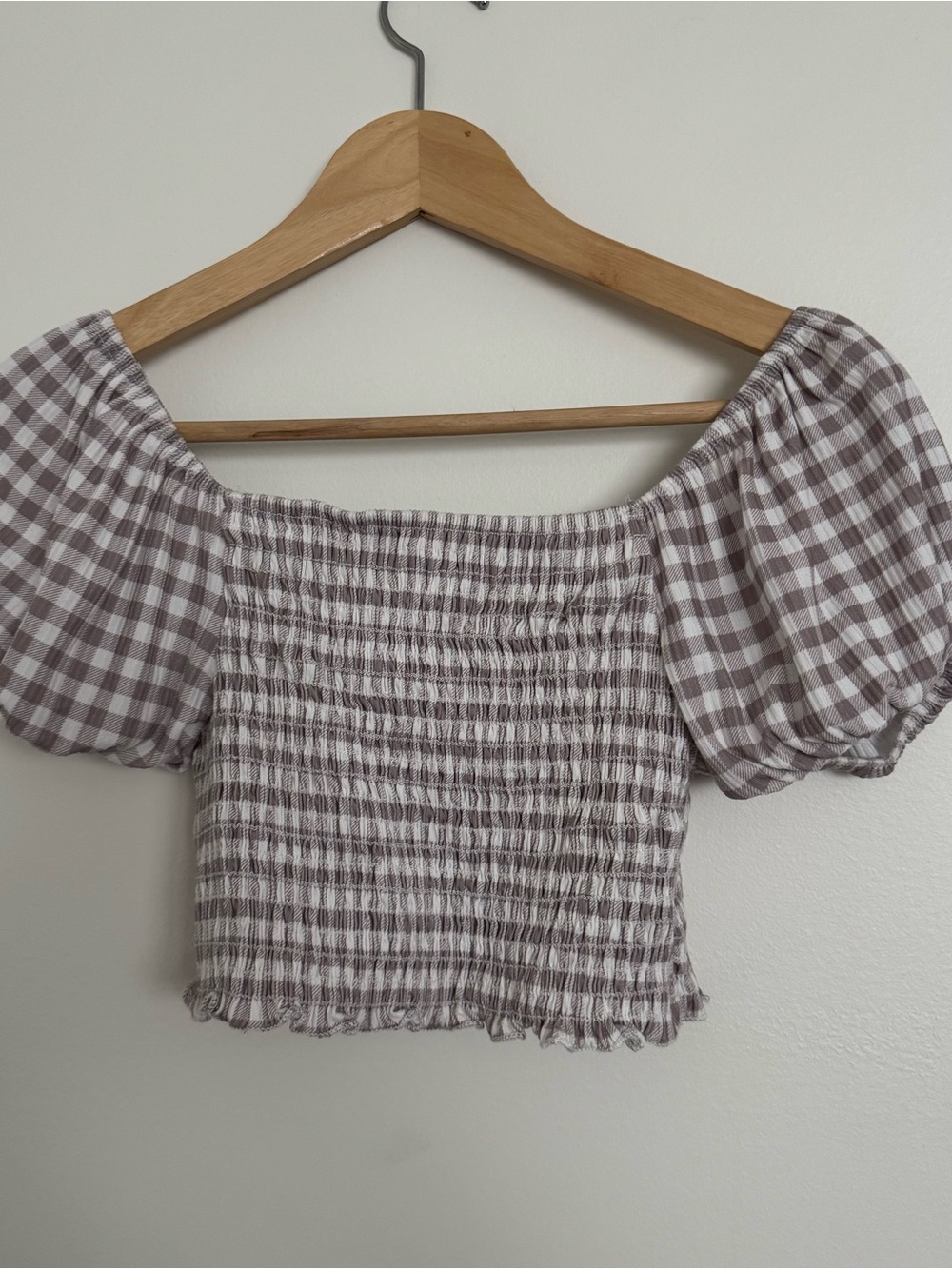 Caution To The Wind Taupe & White Gingham Smocked Off-Shoulder Crop Top